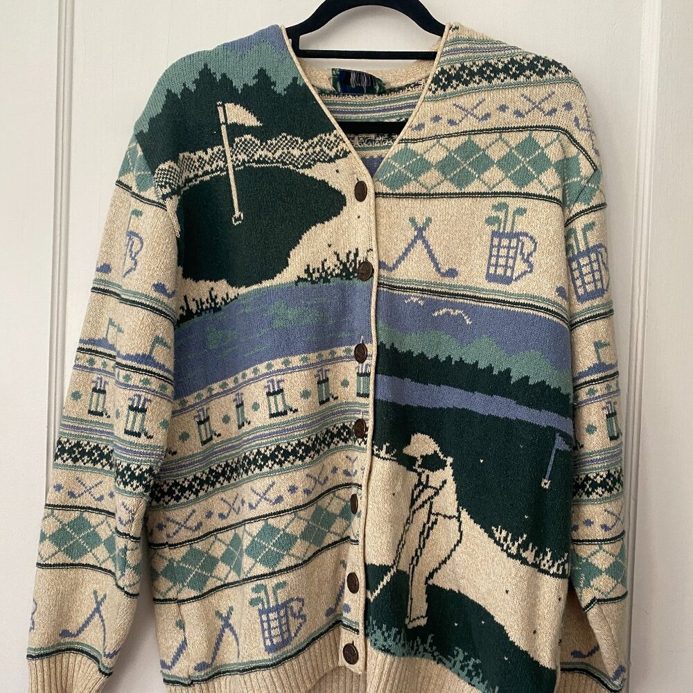 Vintage 90s Streetwear Womens Large Argyle Golf All Over Print Cardigan Sweater